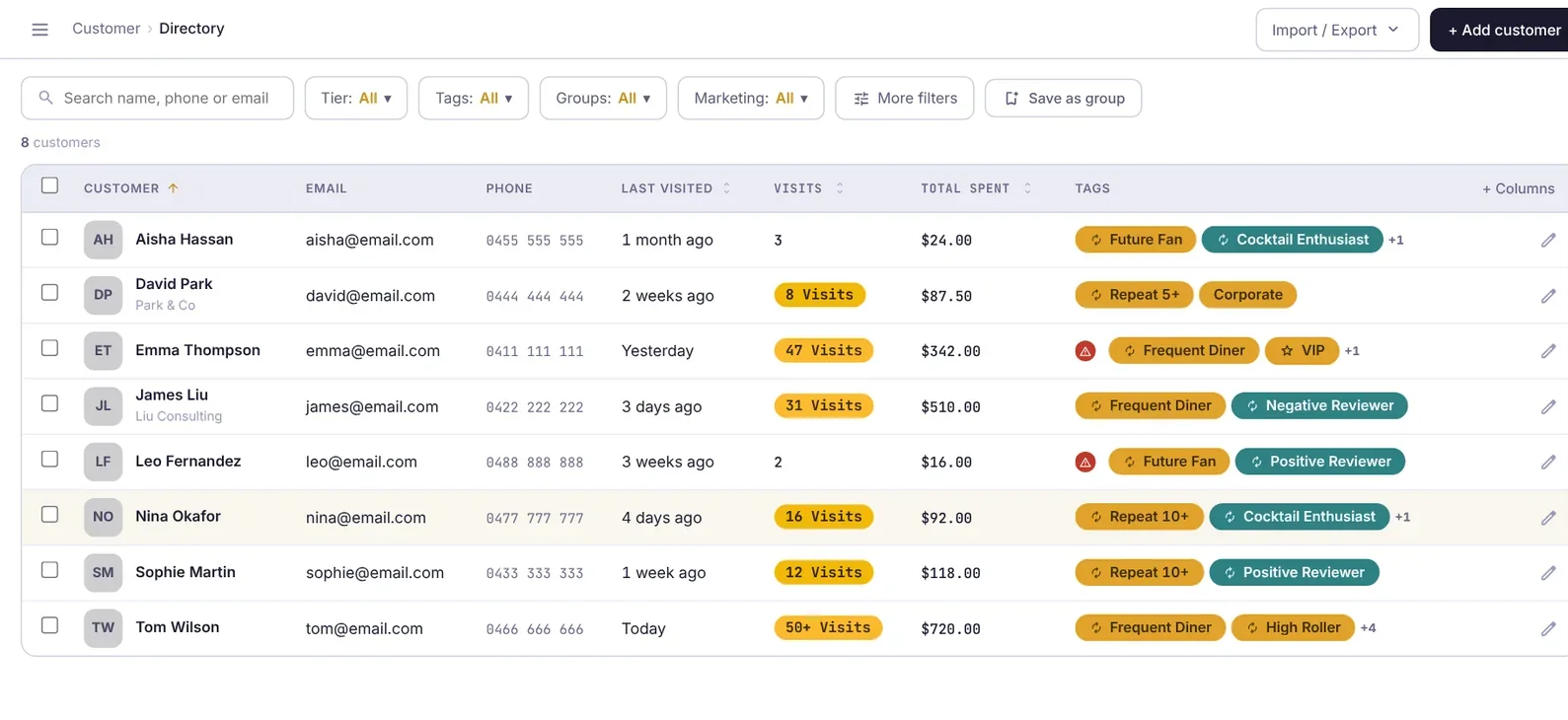 APOS Portal guest directory with visits, total spend and tags for each guest