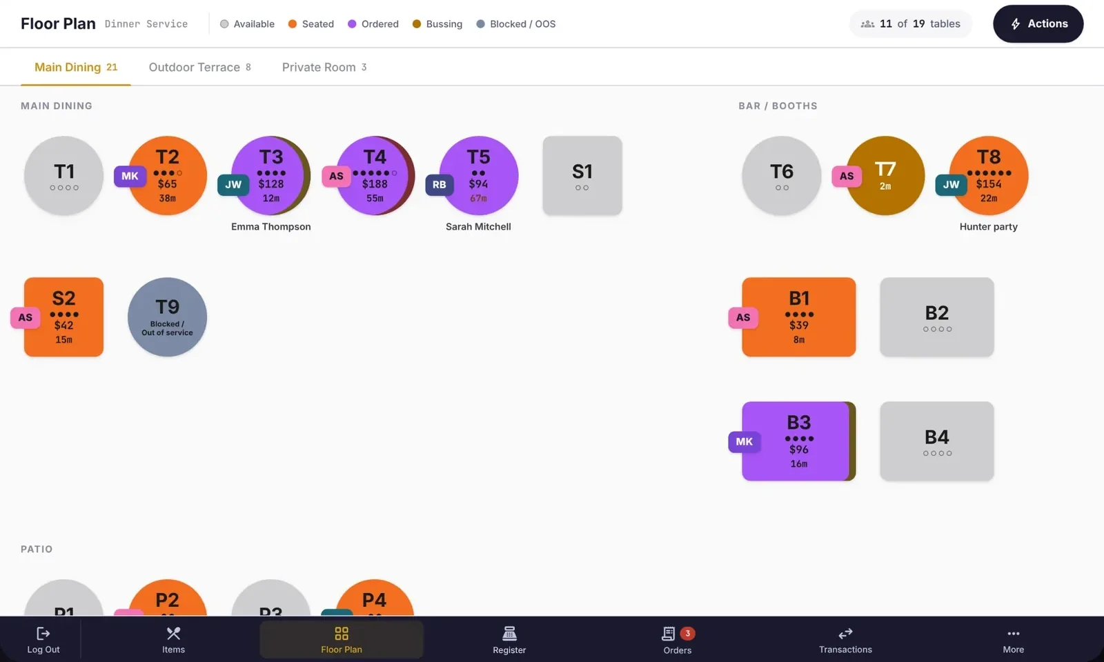APOS Register floor plan with tables coloured by status: available, seated, ordered and bussing