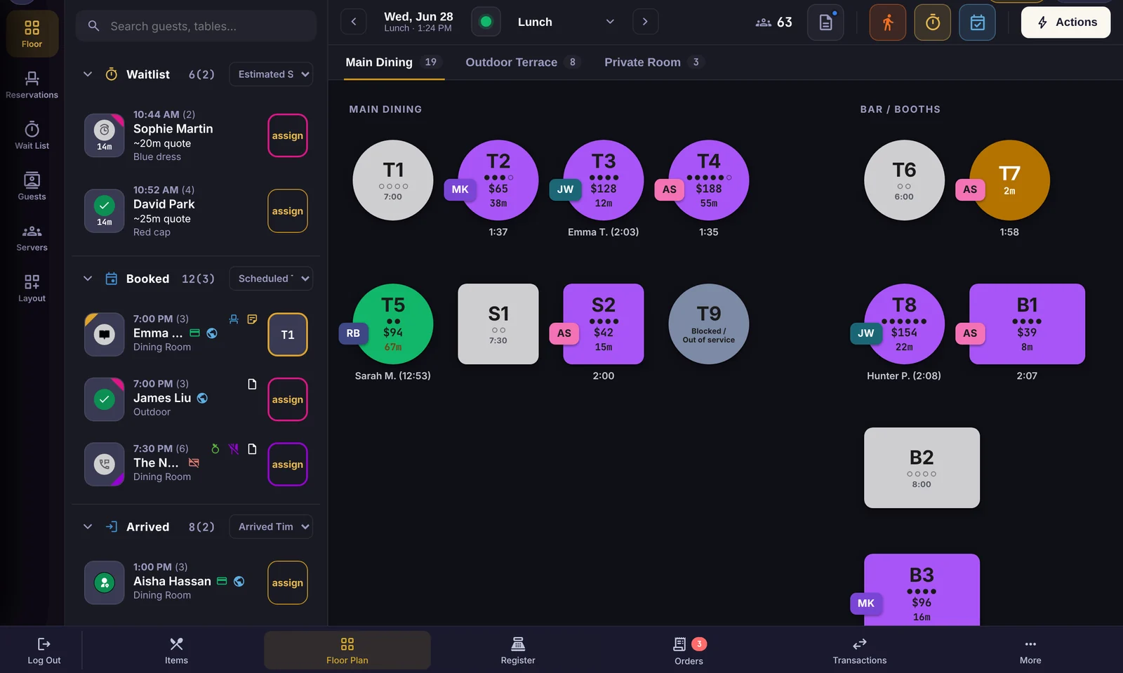 APOS Full Service host stand in dark mode: waitlist and booked guests on the left, and the floor plan with seated, ordered, paid and blocked tables and the next booking time on free tables