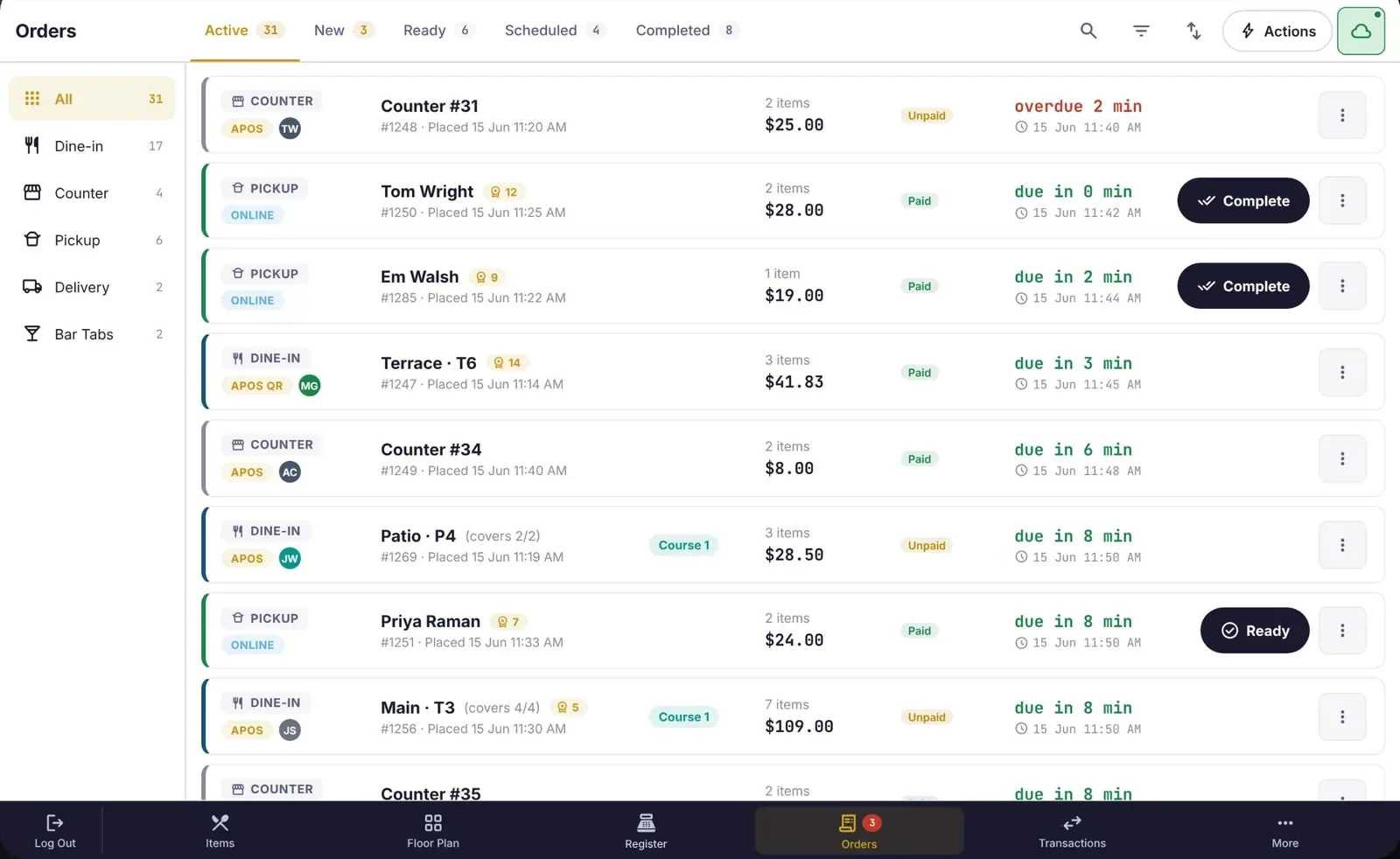 APOS Orders screen listing counter, pickup and dine-in orders with due times and payment status